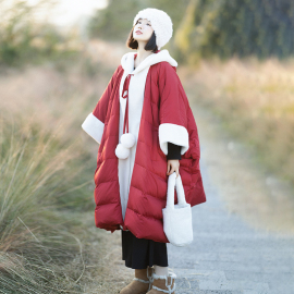 一骑红尘复古红国风加厚羽绒服女冬季宽松白鸭绒(白鸭绒)连帽斗篷外套