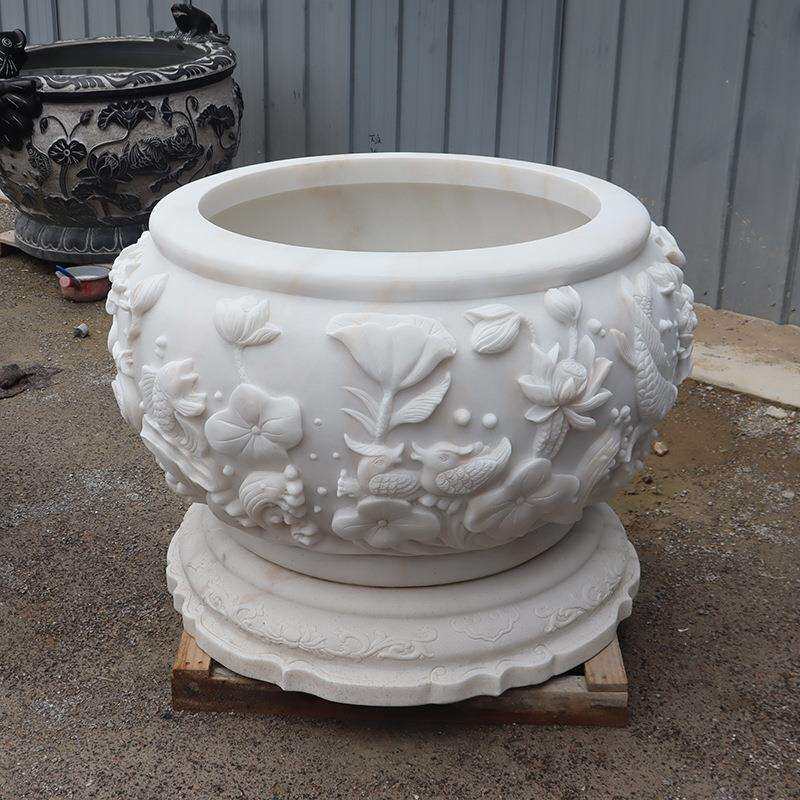 汉白玉鱼缸花盆石雕荷花缸室内庭院养鱼石缸家用石头水缸门海摆件