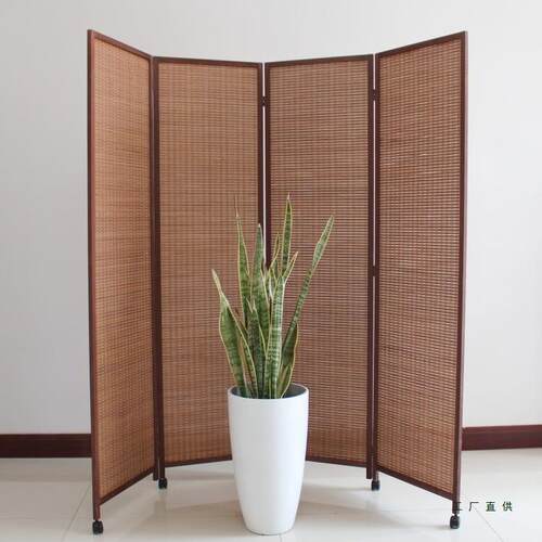 屏风隔断滑轮实木竹编遮阳中式推拉折叠移动简约玄关茶室复古折屏