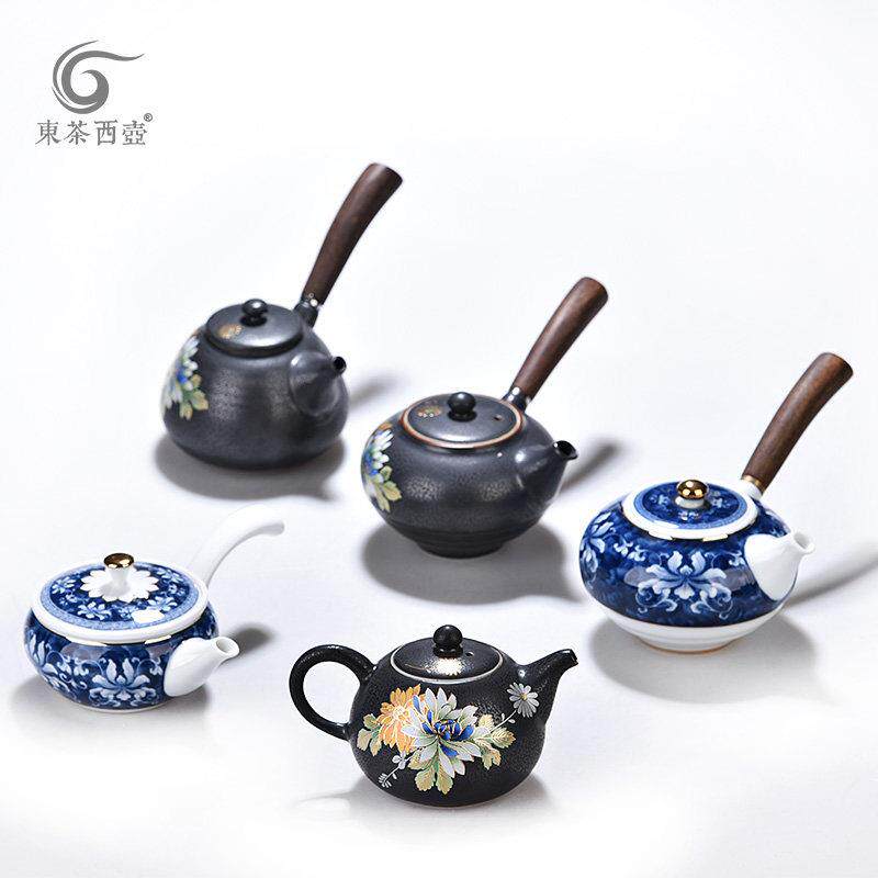 扒花茶壶功夫茶具成艺陶瓷泡茶器单壶大号青花汝瓷黑檀汝窑侧把壶