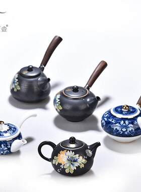 扒花茶壶功夫茶具成艺陶瓷泡茶器单壶大号青花汝瓷黑檀汝窑侧把壶