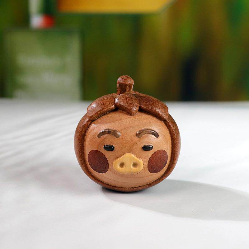 木雕猪柿皆宜办公桌装饰摆件女生小众可爱柿子猪木质创意礼物礼品
