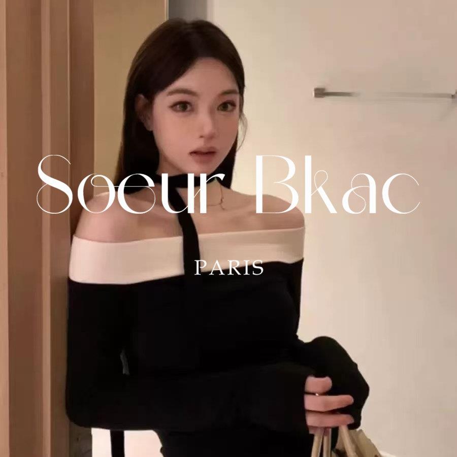 法国SOEUR BKAC春季黑色露肩长袖针织衫女法式一字肩性感拼色T恤