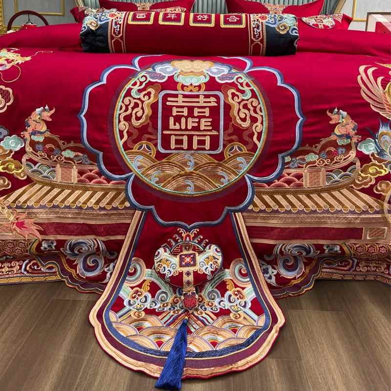 九家喜狐婚庆纺棉布四件套H1139新房置红色龙凤刺绣十件套婚房棉