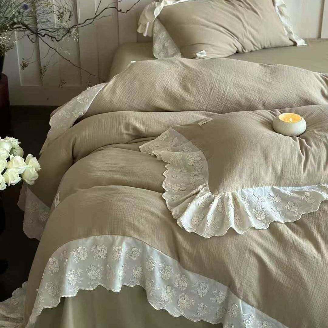 法式复古绿纯棉双层纱布四件套清新素色蕾丝花边被套床单亲肤床品