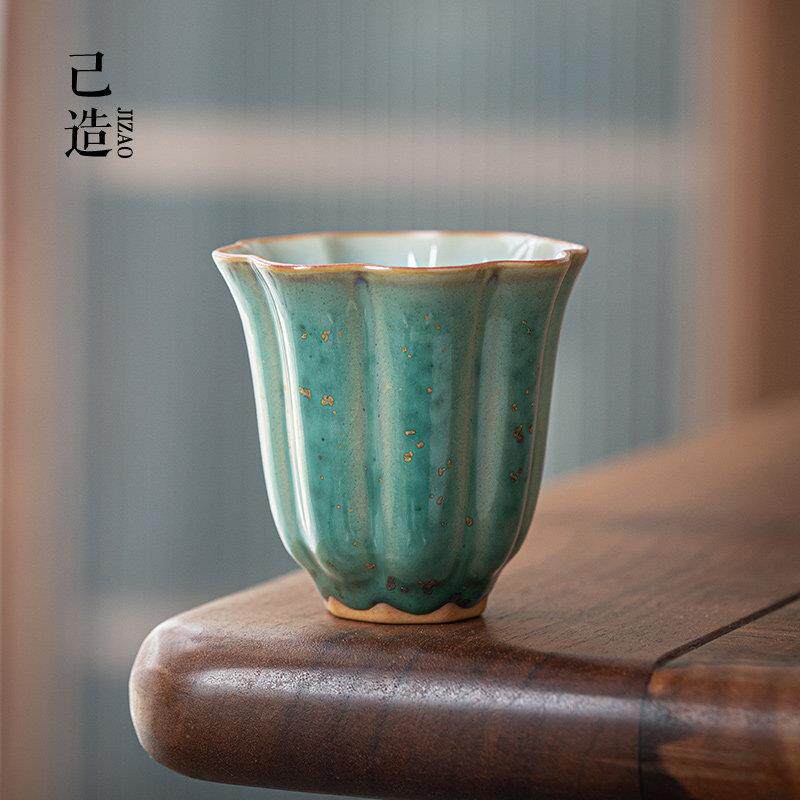 己造 窑变松石绿钧窑花瓣小茶杯功夫茶具家用主人杯陶瓷个人单杯