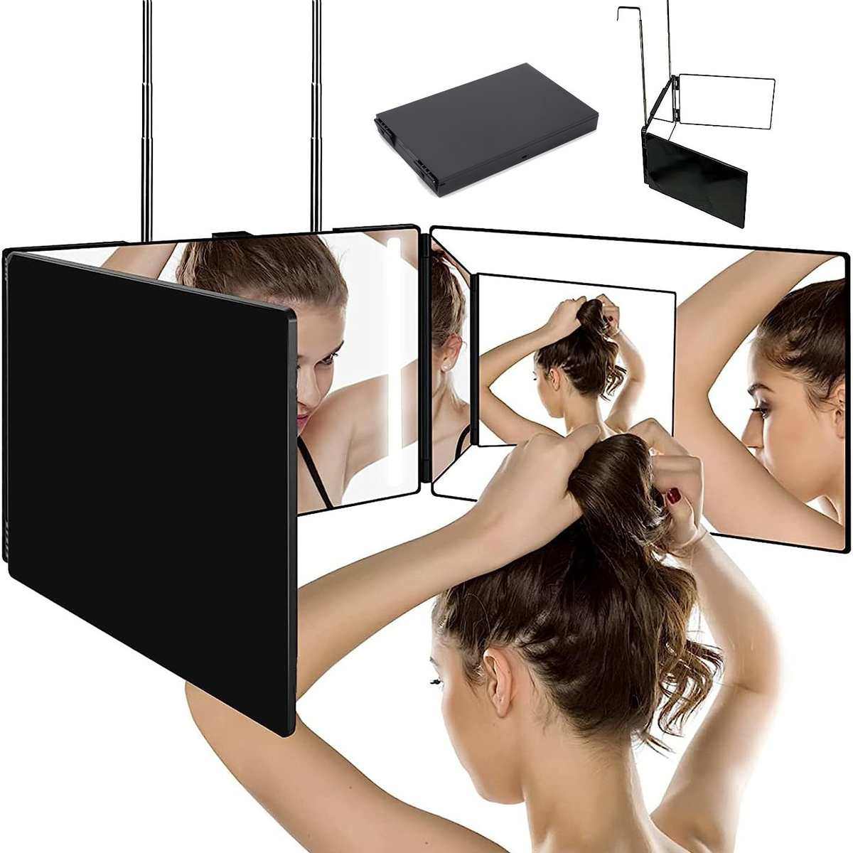 化妆镜led调节带三折镜悬挂式灯三面镜旅行便携理发可伸缩折叠