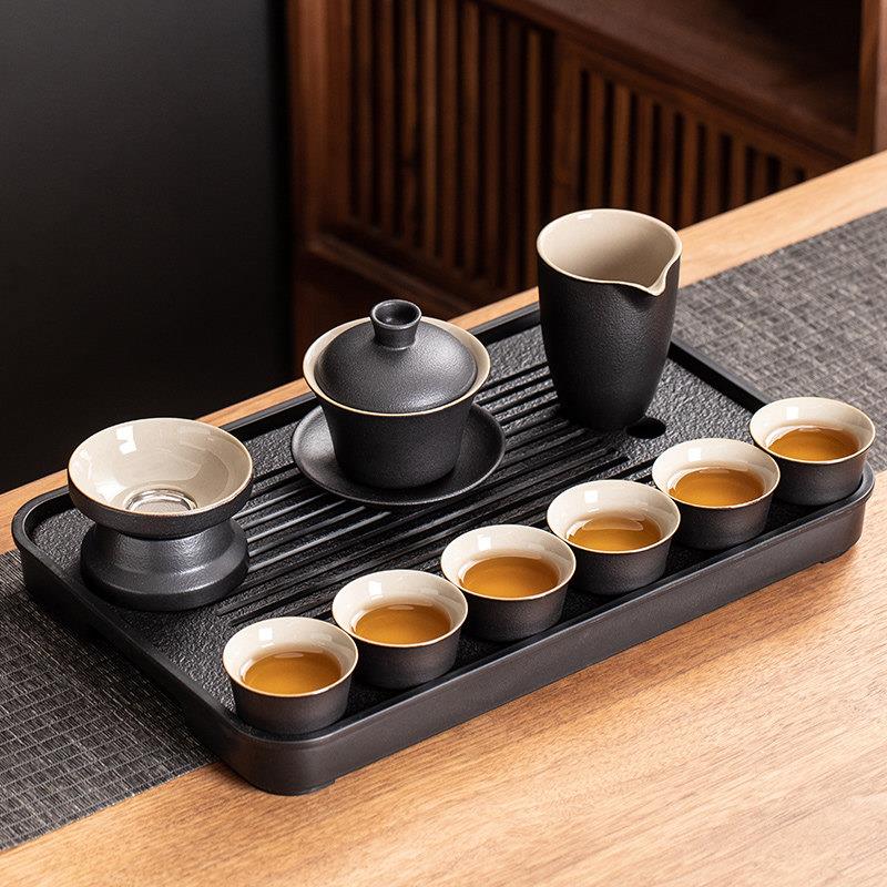 功夫茶具一套家庭客厅茶盘茶杯小套黑陶盖碗高端无障碍豪华个人家
