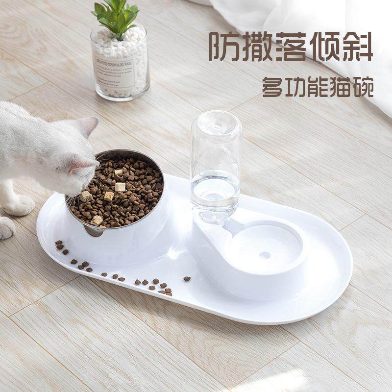 防外溅可拆洗不锈钢双碗倾斜保护颈椎宠物碗猫食盆吃喝两用款狗碗