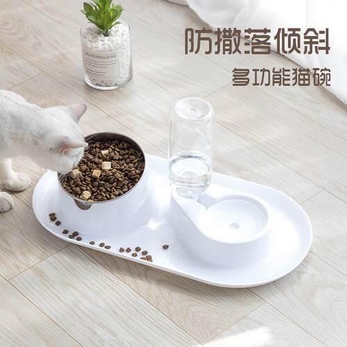 防外溅可拆洗不锈钢双碗倾斜保护颈椎宠物碗猫食盆吃喝两用款狗碗