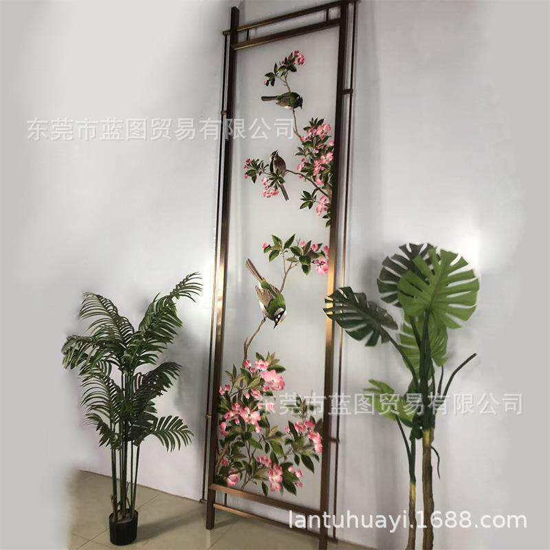 大幅半透明纱布画双面刺绣仿真丝隔断古画花鸟铝合金属不锈钢屏风