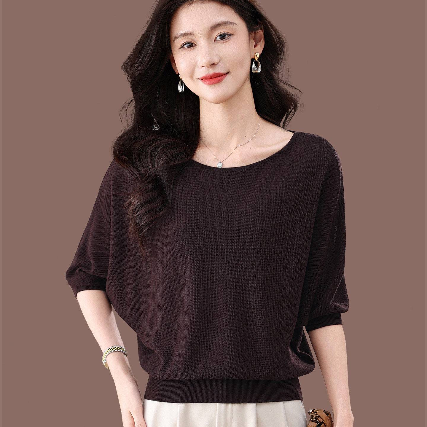 桑蚕丝蝙蝠袖T恤女2026夏季新款薄款宽松圆领宽松显瘦上衣洋派