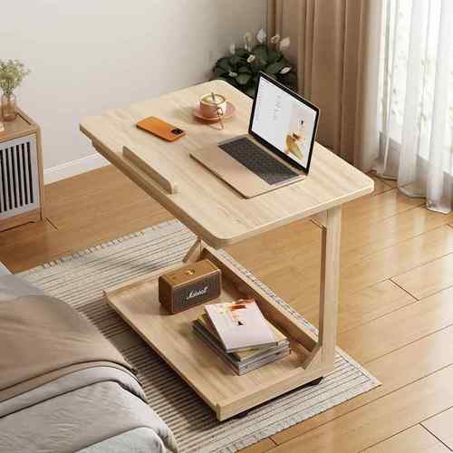 可移动翻转床边桌家用沙发边桌茶桌书桌原木风简易床上办公电脑桌