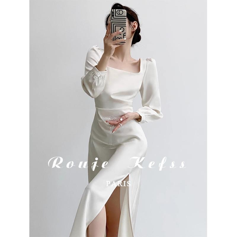 Rouje Kefss法式开叉白色连衣裙高级感轻奢小礼服气质缎面吊带裙