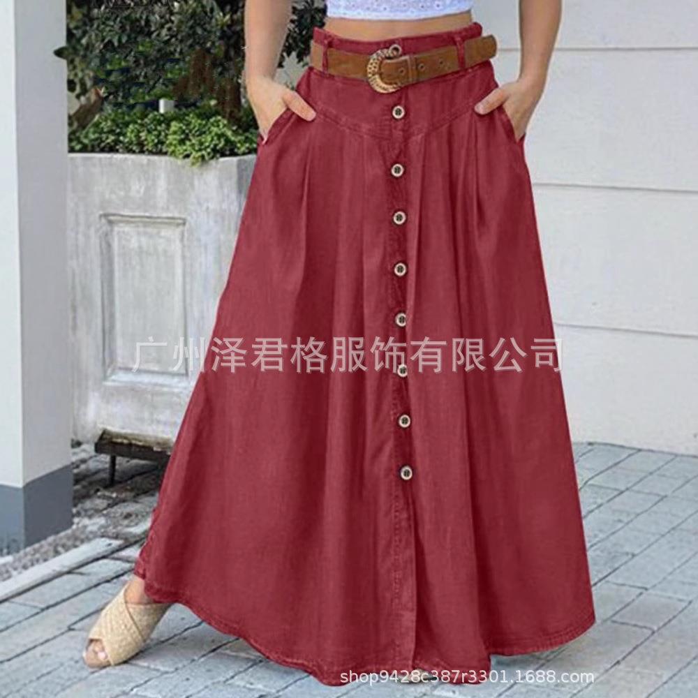 skirt swing waist elastic mid-length linen and cotton skirt