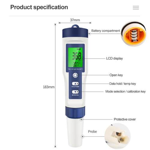 5 in 1 EC TDS Salinity Temperature pH Meter Water Quality Te