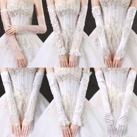 新娘主婚纱手套长款缎面蕾丝，花边结婚白色手套高级婚礼袖套蝴蝶结