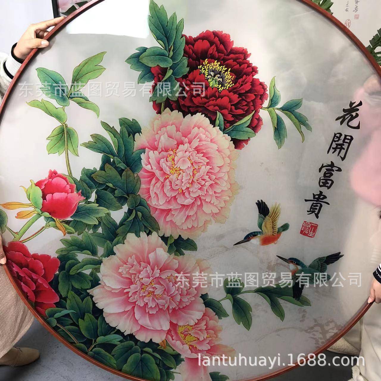 定制半透明亚克力印画富贵牡丹屏风隔断画客厅挂画手工木纹漆框