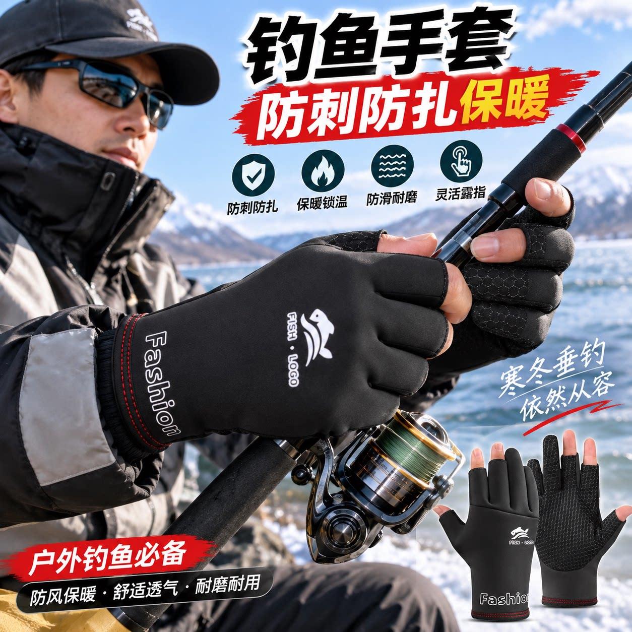 冬季钓鱼专用手套男防刺防水不沾饵专业路亚防扎飞磕海钓保暖抓鱼