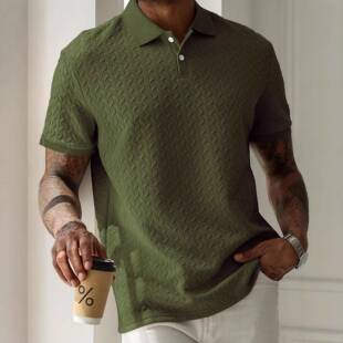 Men's Solid Color Jacquard Button Front Half Placket Polo