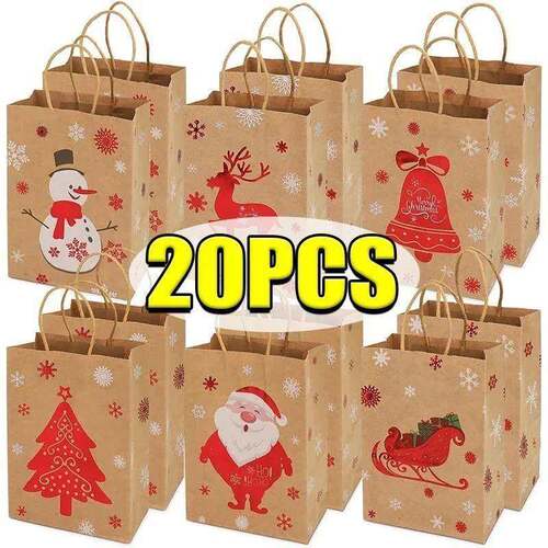 20/1PCS Christmas Kraft Paper Bags Santa Claus Snowman Candy