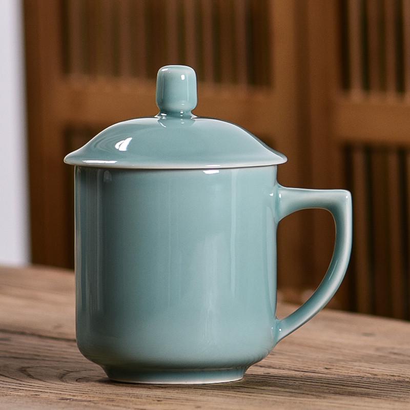 青瓷茶杯办公室会议杯马克杯大号茶馆陶瓷家用足浴店带盖水杯定做