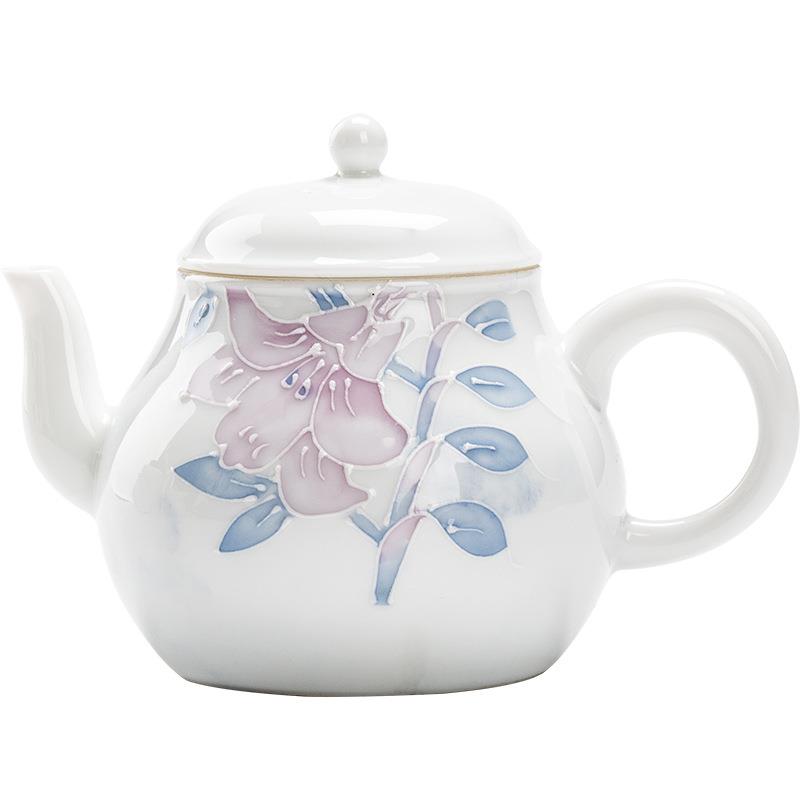 手绘百合茶壶单壶功夫泡茶器陶瓷茶具带过滤釉下彩堆雕家用壶