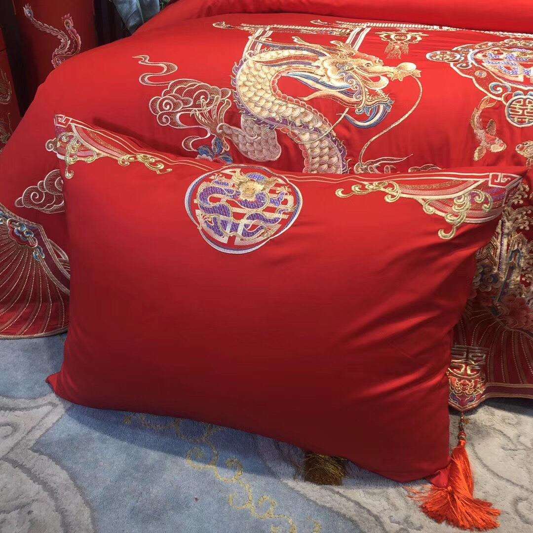 婚庆床品全棉纯棉大红色刺绣花四件套龙凤被套结婚用陪嫁床上用品
