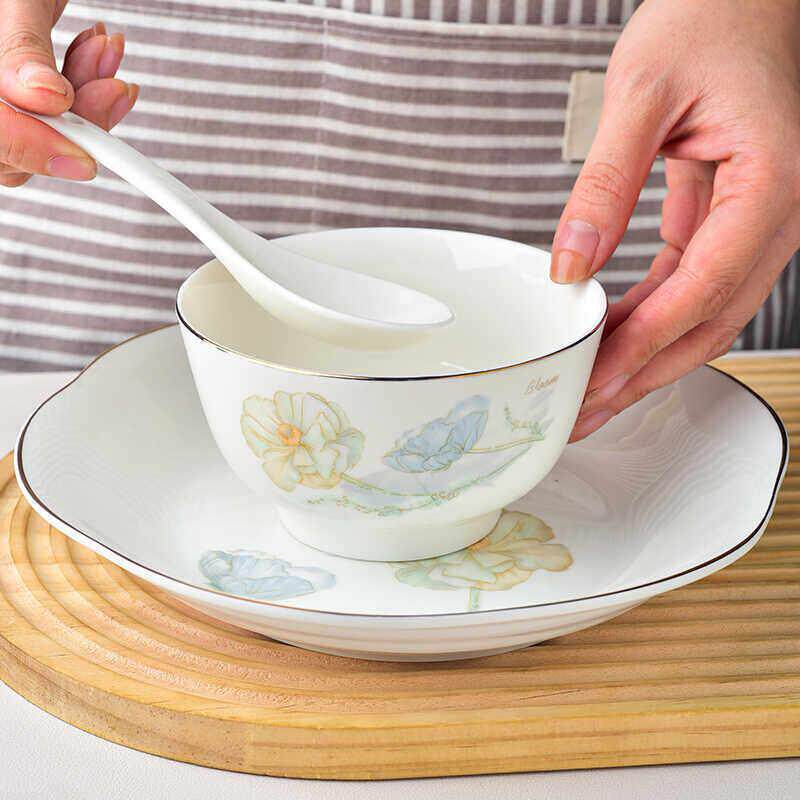 碗式家庭用餐餐具全套釉下彩玉龙爱莲说简约奢华陶瓷餐具