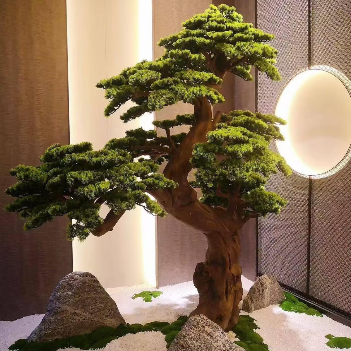 仿真迎客松树假树根抱石松罗汉松雕刻木雕酒店橱窗玄关造景装饰