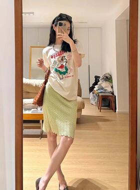巨好看的半裙浅绿色针织镂空半身裙女2025新款夏日薄款花边直筒裙
