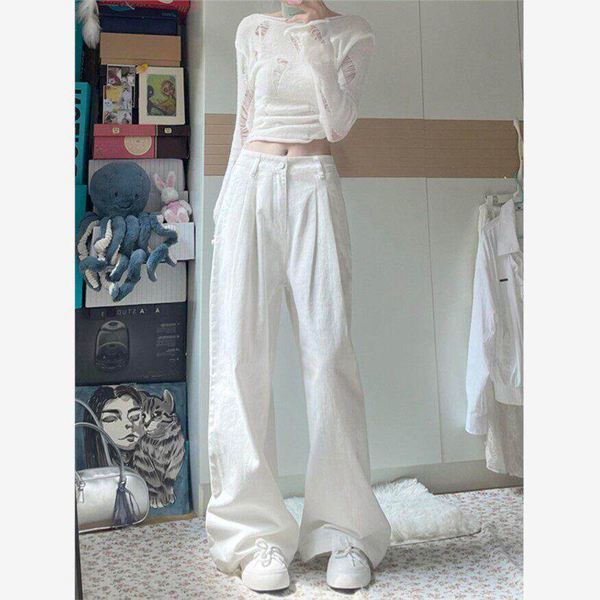 韩国白色裤子女新款夏休闲 窄版直筒裤宽松显瘦垂感不透棉麻宽裤