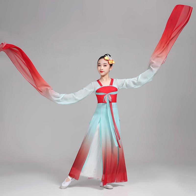 高档儿童典水演出服鸿采薇古舞蹈惊服只此青绿飘逸甩袖练功服中国