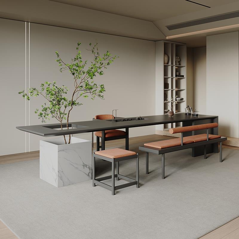 正品现简约岛台茶桌椅合实木新中代式嵌入式体茶台黑色一禅意办公