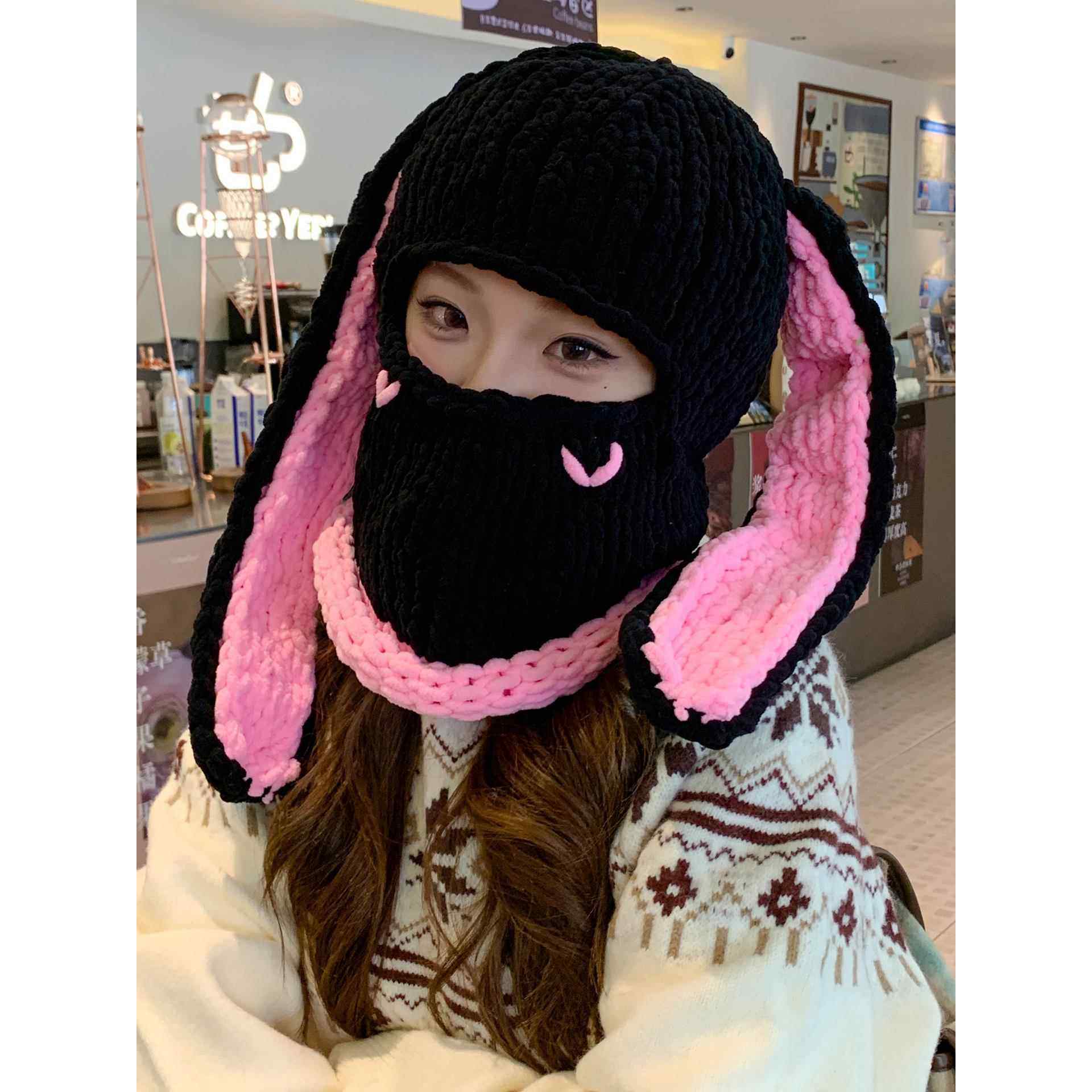 冬新款加厚恶魔面罩保暖出行绒线头套甜酷风大兔耳朵针织毛线帽子