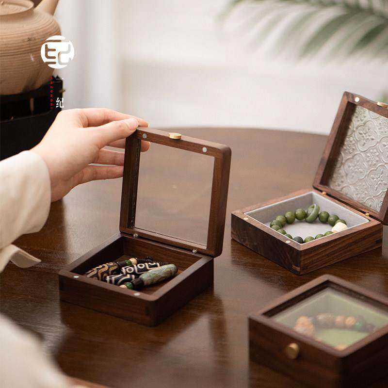 水晶手串收纳盒实木小型首饰盒木质玻璃盖内衬展示盒精致高级感