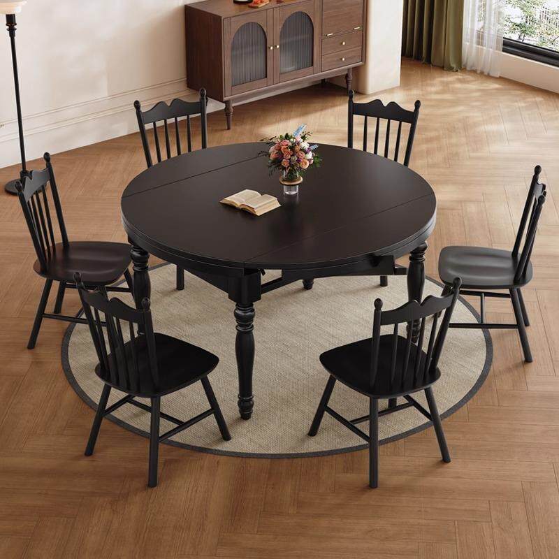 美式复古实木餐桌椅组合高端伸缩两用客厅简约小户型圆形饭桌组合