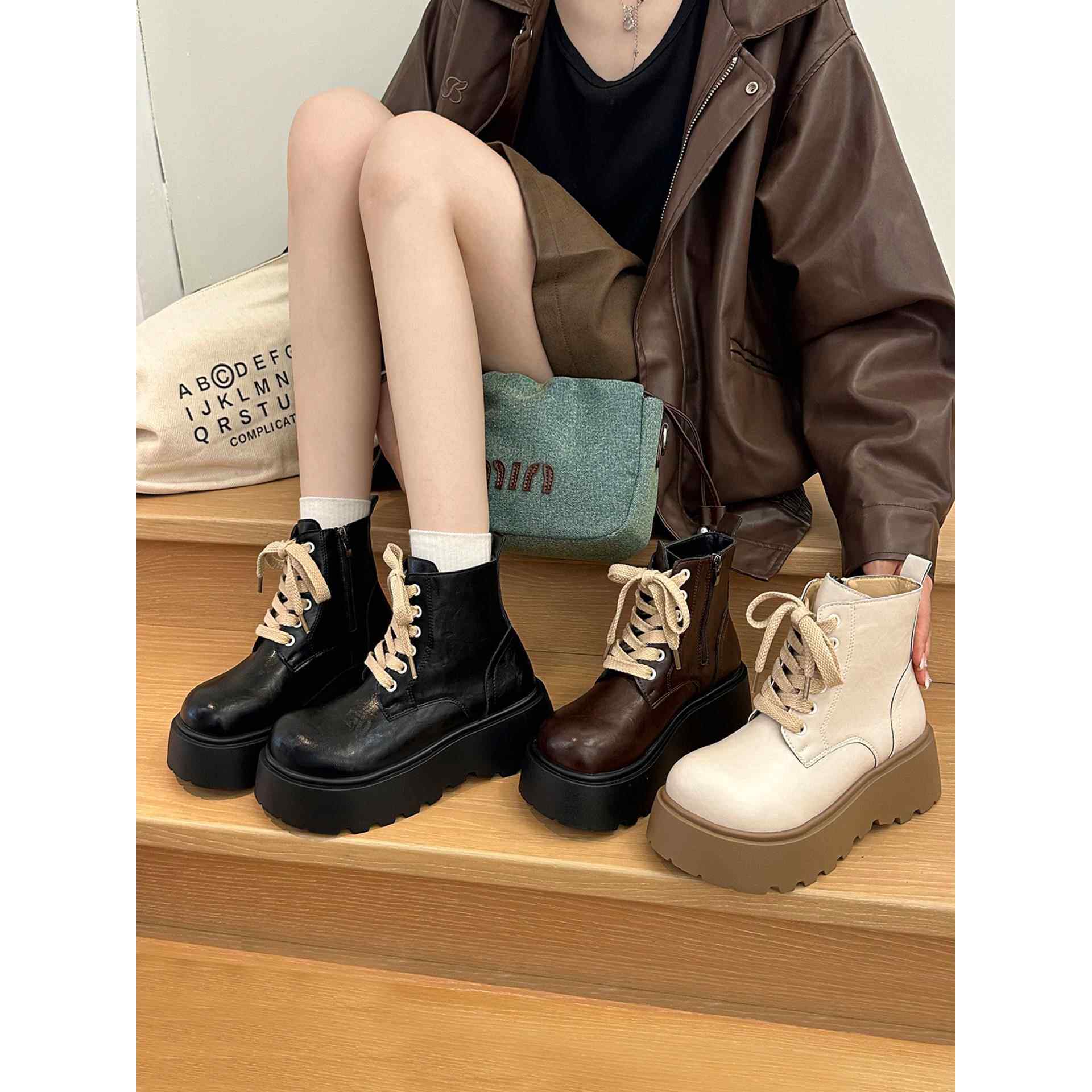 秋冬女时尚短靴松糕厚底2025新款秋季小个子风圆头子1218k