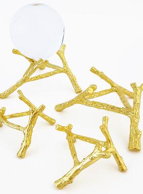 直销新款跨境树枝圆球水晶球金色底座置物架水晶石矿石展示底托创