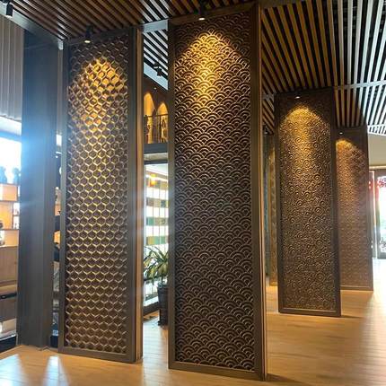 售楼部不锈钢屏风酒店隔断青古铜铝雕镂空金属格栅花格庭院背景墙