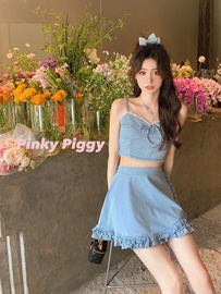 八盖pinky piggy 甜妹木耳边牛仔上衣女可爱浅色a字牛仔短裙套装