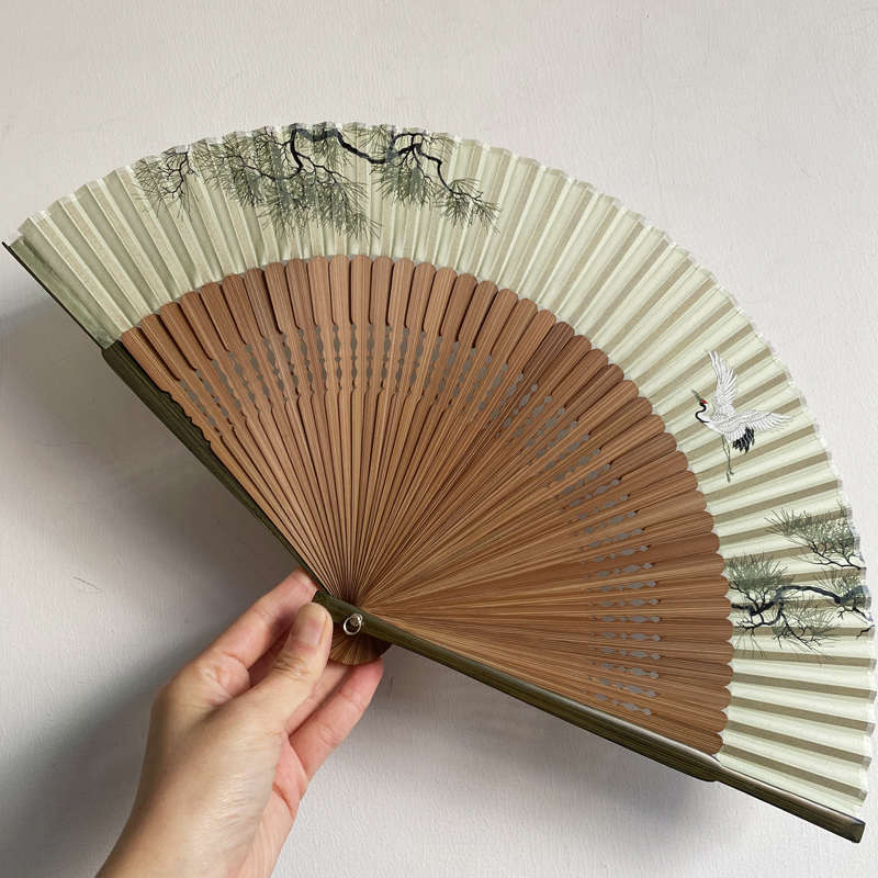 原创扇子真丝仙鹤延年松树国风7寸中国风古风可配汉服浴衣扇子