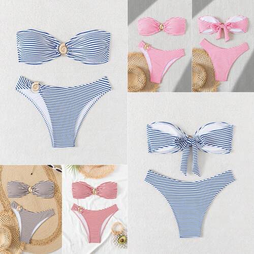 Striped women's split off off shoulder swimsuit bikini
