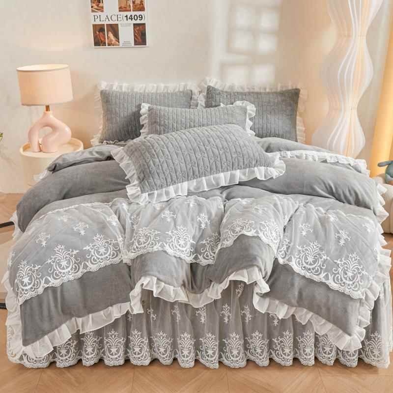 正品公主风.夹棉床裙四件套加水绒保晶暖双面厚绒珊瑚绒1.8x2米15