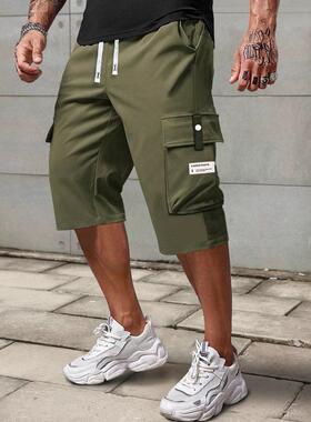 Mens Pants Casual Shorts Drawstring Cargo Capri Multi-Pocket