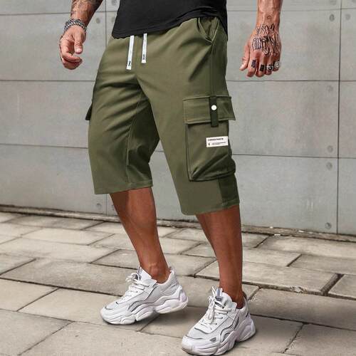 Mens Pants Casual Shorts Drawstring Cargo Capri Multi-Pocket