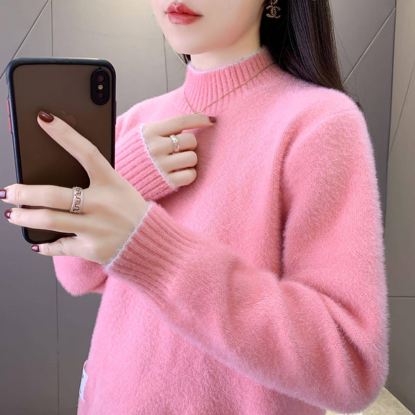 极速软糯加厚半高领套头毛衣女秋冬新款宽松百搭针织打底衫水貂绒