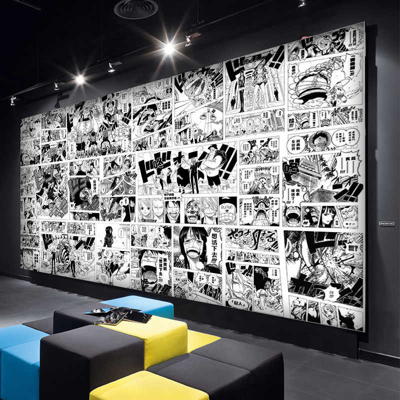 卡通动漫海贼王墙纸谷子店房间卧室背景墙布二次元黑白漫画壁纸