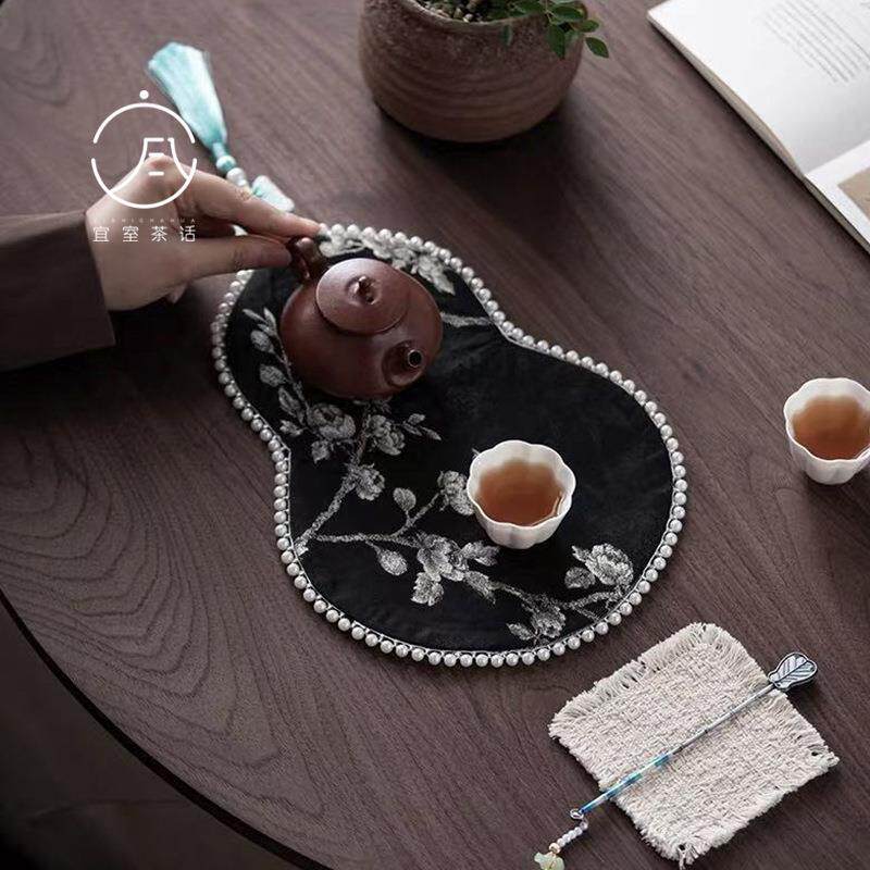 宜室茶话织锦葫芦蝴蝶干泡席串珠布艺小茶席茶壶垫新中式茶道配件