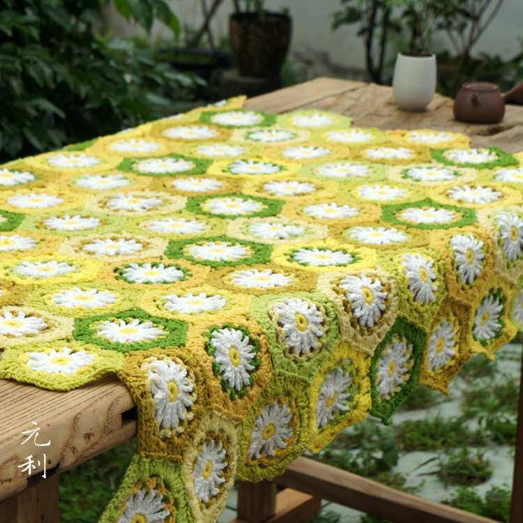钩编手工编织田园风黄绿毯子桌布沙发布,居家布艺,桌布,淘宝优惠券,粉丝福利购,淘宝优惠卷